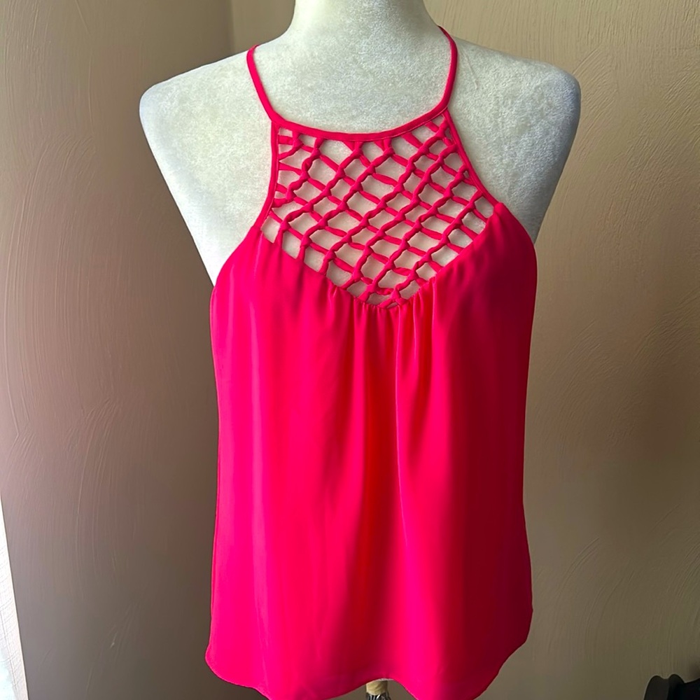 Julie Billiart fuchsia strappy tank with lattice design neckline